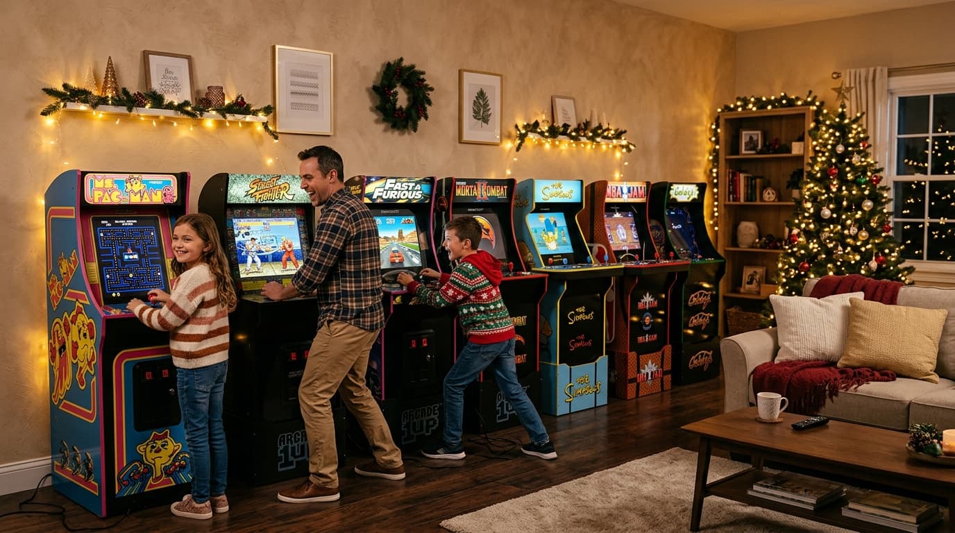 Family enjoying arcade games at a holiday event