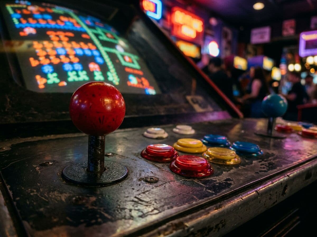 Close-up of a retro arcade game set to free play