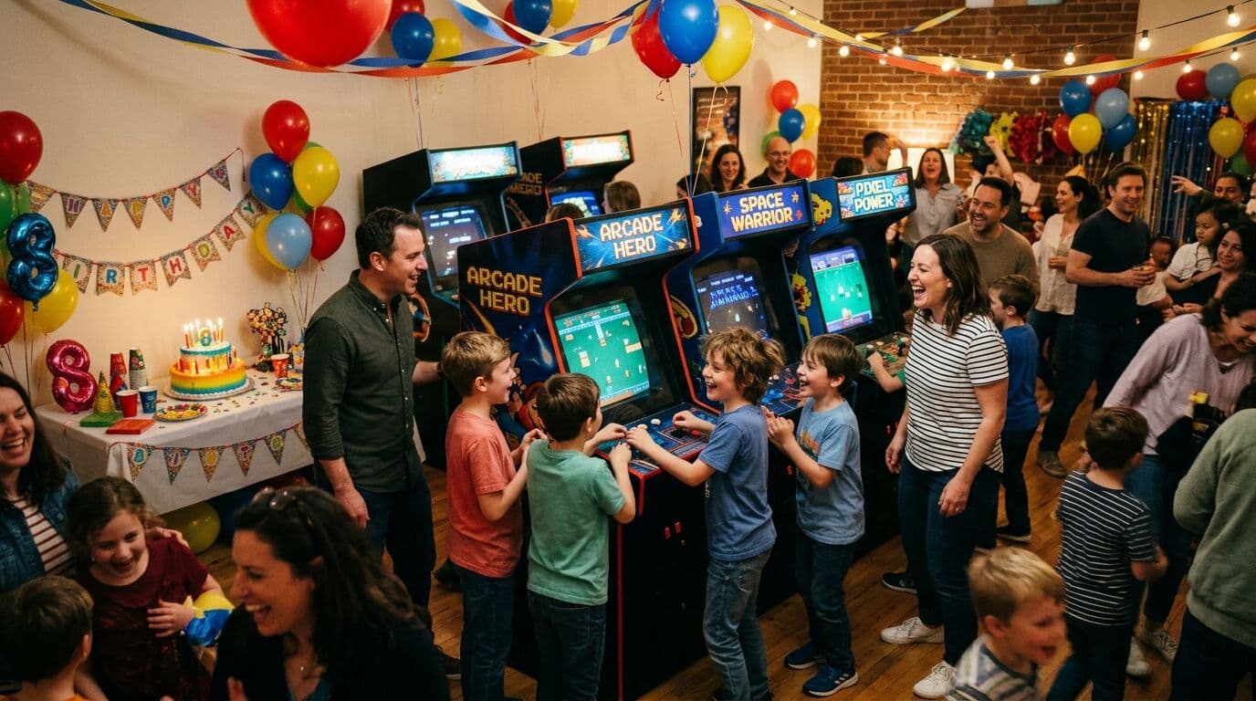 Guests playing arcade games at a party